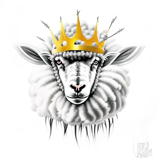 A sheep's head with a crown of thorns, black eyes crying tattoo design idea