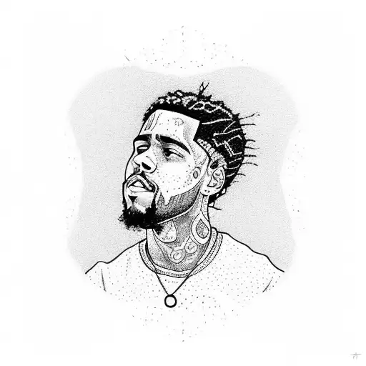 A dotwork tattoo of J Cole holding a soccer ball and surrounded by musical notes tattoo design idea