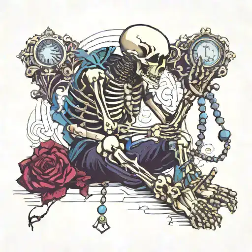 skeleton using prayer beads while praying tattoo design idea
