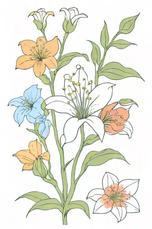 Lilly of the valley, rose, morning glory, edelweiss, red poppy, white lily tattoo design idea