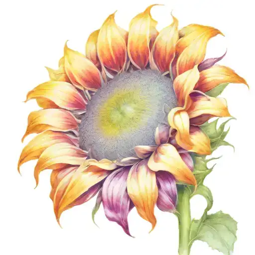 a sunflower just the flower, no stem. mostly yellow and orange but with some purple, red and blue shading not realistic tattoo design idea