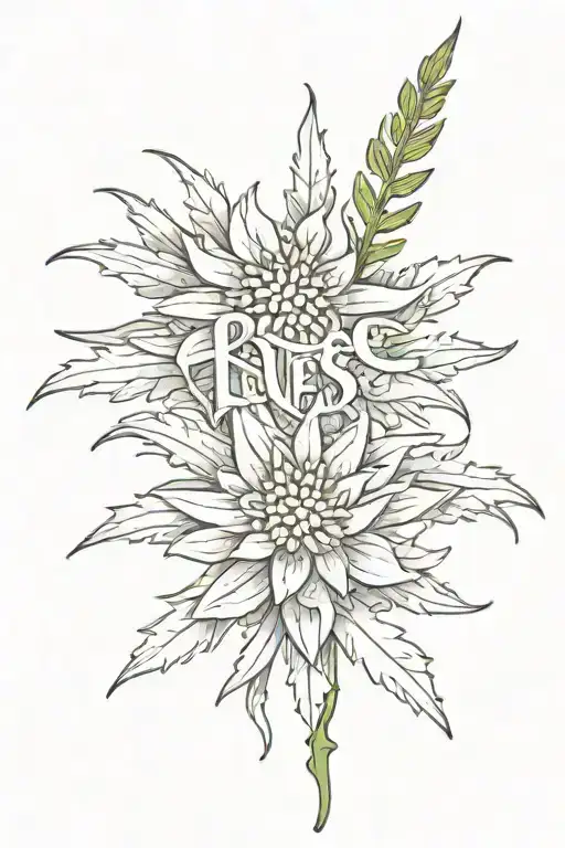 Spine tatto of an edelweiss flower. Simple and thin. Beside the flower stem the words "inner peace". tattoo design idea