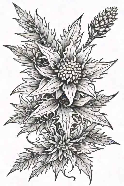 Spine tatto of an edelweiss flower. Simple and thin. Beside the flower stem the words "inner peace". tattoo design idea