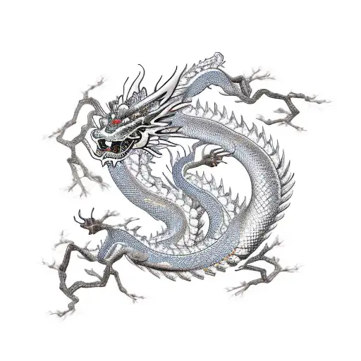 A Chinese dragon intertwined with cherry blossom branches, symbolizing strength and beauty tattoo design idea
