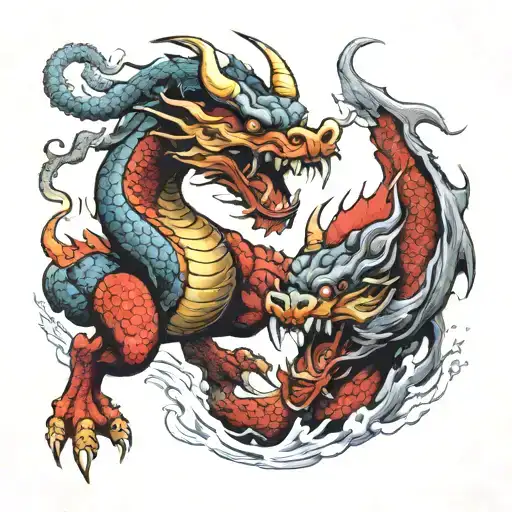 a Chinese dragon fighting a raging bull tattoo design idea