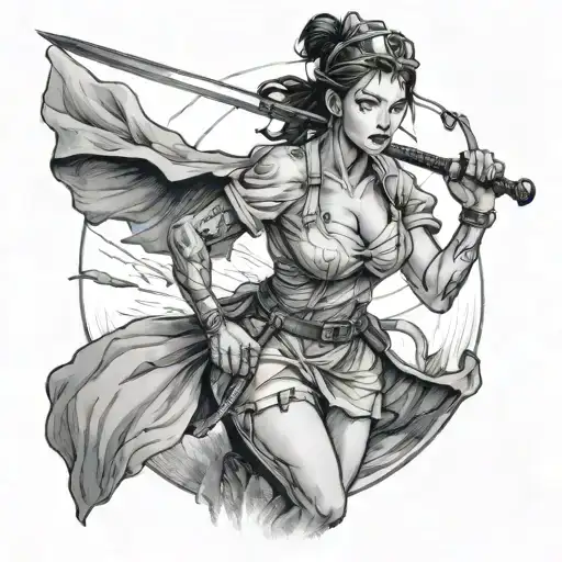 A warrior nurse wielding a stethoscope like a sword in a thunderstorm tattoo design idea