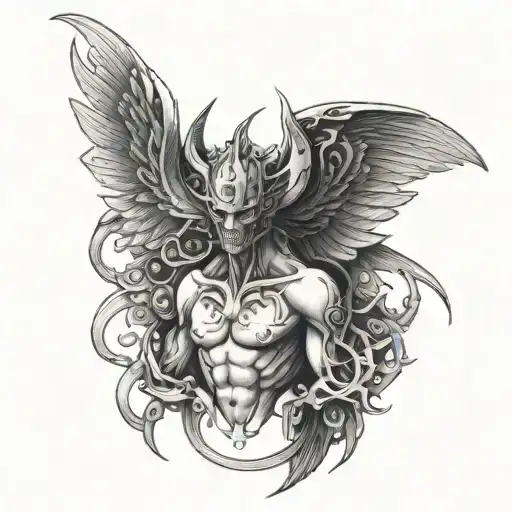 A mechanical winged creature with half demon and half angel features tattoo design idea