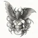 A mechanical winged creature with half demon and half angel features tattoo design idea