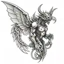 A mechanical winged creature with half demon and half angel features tattoo design idea