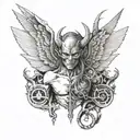 A mechanical winged creature with half demon and half angel features tattoo design idea