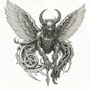 A mechanical winged creature with half demon and half angel features tattoo design idea