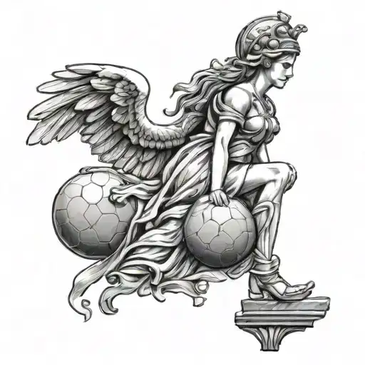 goddess Athena holding old soccer ball, Parthenon, old football team  tattoo design idea