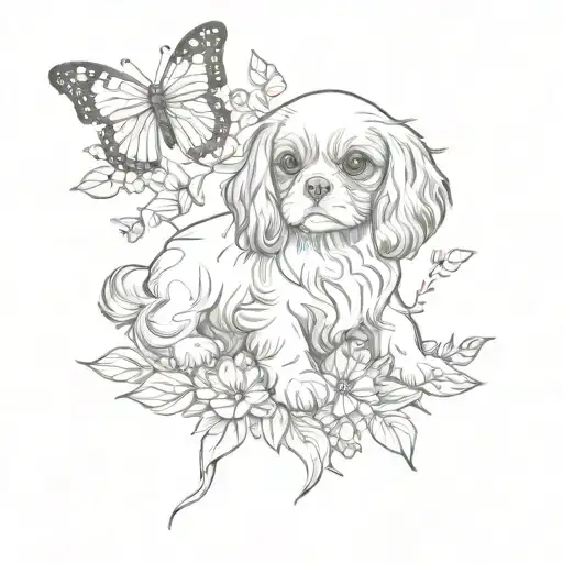 cavalier king charles spaniel puppy rolling in flowers with butterfly tattoo design idea