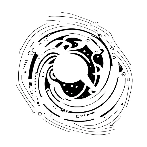 A minimalist tattoo of a black hole with a grunge music inspired background tattoo design idea
