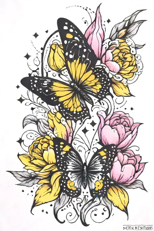 black yellow butterfly, solar system and pink tulips tattoo design idea