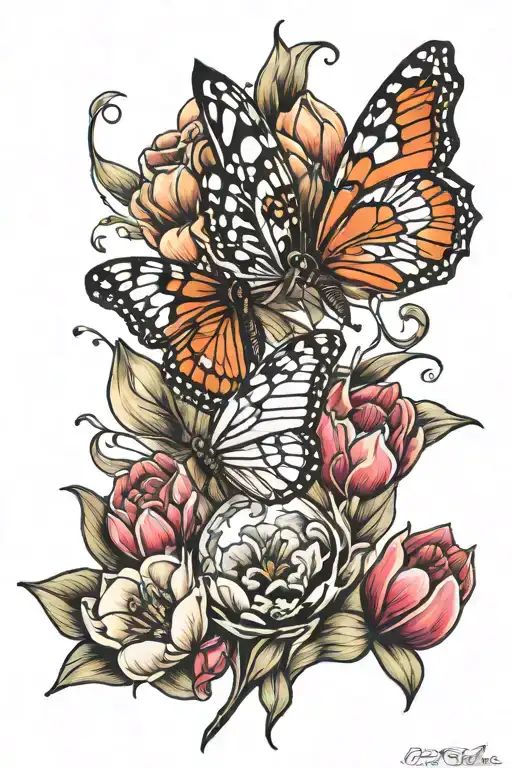 butterfly, planet and tulips tattoo design idea