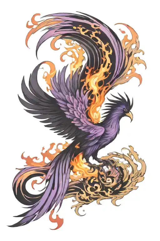 black pheonix with purple flames coming off tattoo design idea
