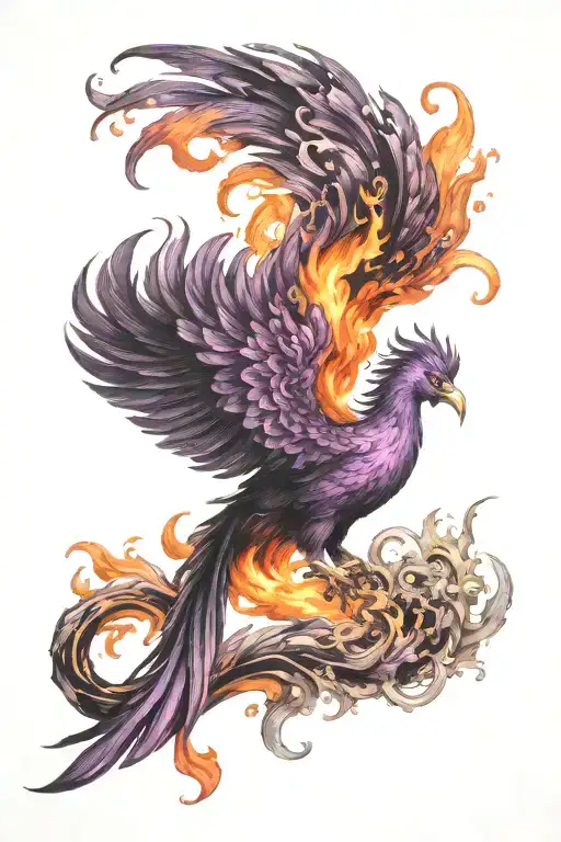 black pheonix with purple flames coming off tattoo design idea