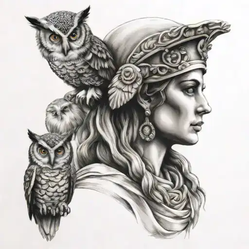 athena greek goddess with owl perched tattoo design idea