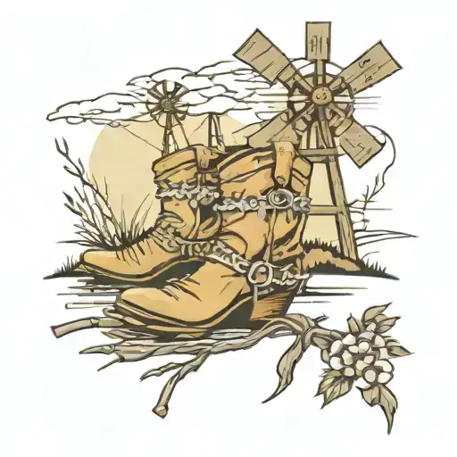barbwire fence, cowboy boots, cowboy hat, windmill tattoo design idea