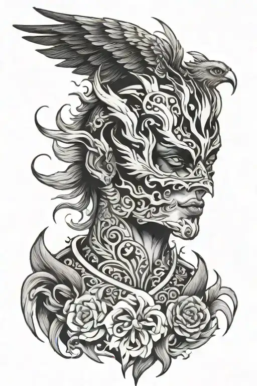 Pheonix burning a face mask split in half tattoo design idea