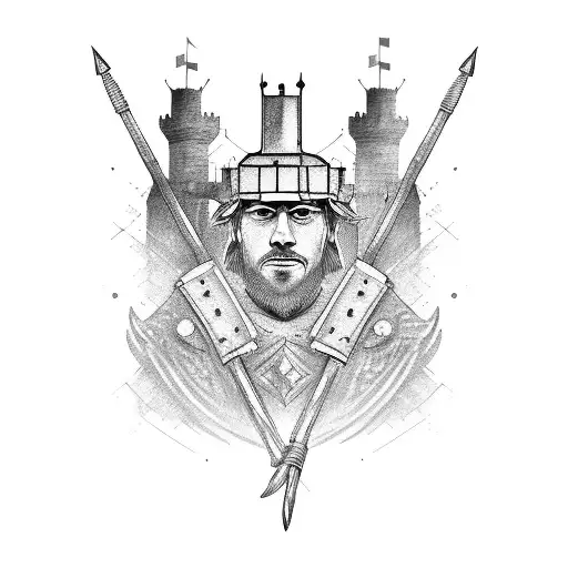 A construction worker with medieval armor and tools, building a gothic castle tattoo design idea