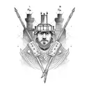 A construction worker with medieval armor and tools, building a gothic castle tattoo design idea