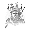 A construction worker with medieval armor and tools, building a gothic castle tattoo design idea