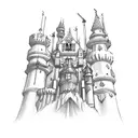 A construction worker with medieval armor and tools, building a gothic castle tattoo design idea