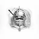 A construction worker with medieval armor and tools, building a gothic castle tattoo design idea