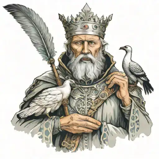 old King Arthur standing alone in armoe holding a single goose feather in his right hand at face level. he is sad. tattoo design idea