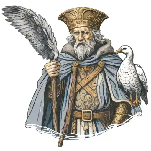 old King Arthur standing alone in armoe holding a single goose feather in his right hand at face level. he is sad. tattoo design idea