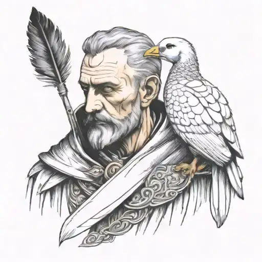 old King Arthur standing alone in armoe holding a single goose feather in his right hand at face level. he is sad. tattoo design idea