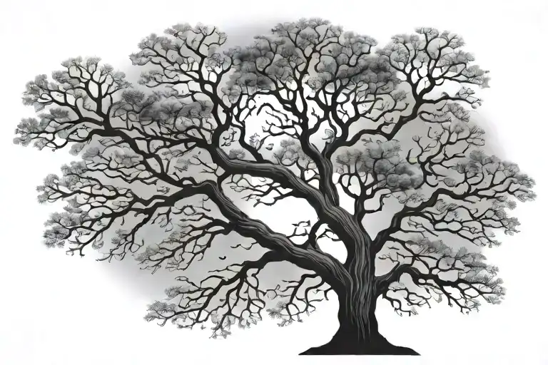 black and white large shade tree at night sky tattoo design idea
