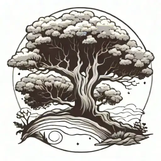 black and white large shade tree at night sky tattoo design idea