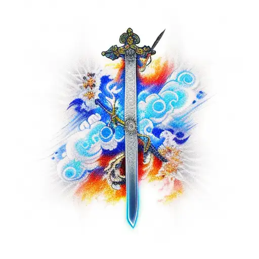 sword blazing blue fire tattoo design idea