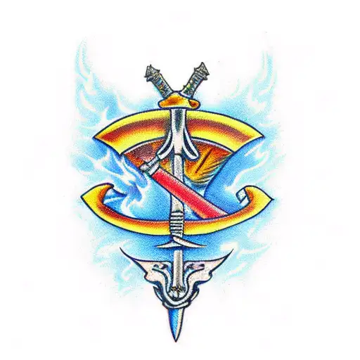 sword blazing blue fire tattoo design idea