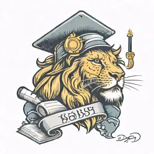 A lion wearing a graduation cap and holding a diploma, symbolizing the client's passion for education tattoo design idea