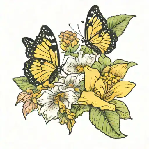march  September june may november birth flowers and yellow butterfly  tattoo design idea