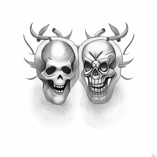 Two bipolar theater mask, one sad, one happy, with mexican death day style tattoo design idea