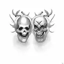 Two bipolar theater mask, one sad, one happy, with mexican death day style tattoo design idea