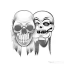 Two bipolar theater mask, one sad, one happy, with mexican death day style tattoo design idea