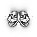 Two bipolar theater mask, one sad, one happy, with mexican death day style tattoo design idea