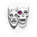 Two bipolar theater mask, one sad, one happy, with mexican death day style tattoo design idea