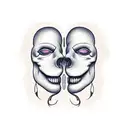 Two bipolar theater mask, one sad, one happy, with mexican death day style tattoo design idea