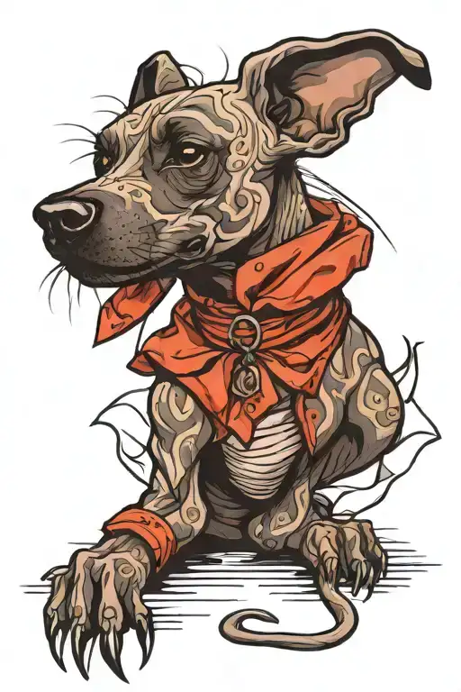 xoloitzcuintle floating with bandages on lower legs and belly tattoo design idea