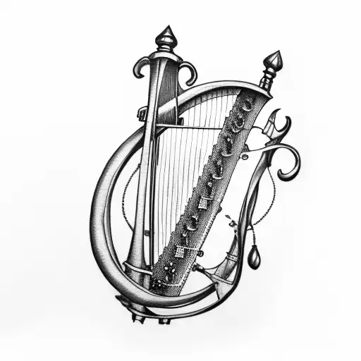 black and white tattoo sketch of a steampunk Irish harp tattoo design idea