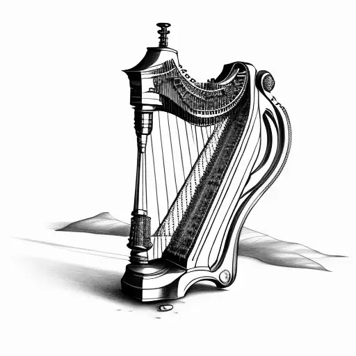 black and white tattoo sketch of a steampunk Irish harp tattoo design idea