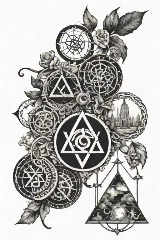 alchemy symbols intertwined representing different aspects of life  tattoo design idea