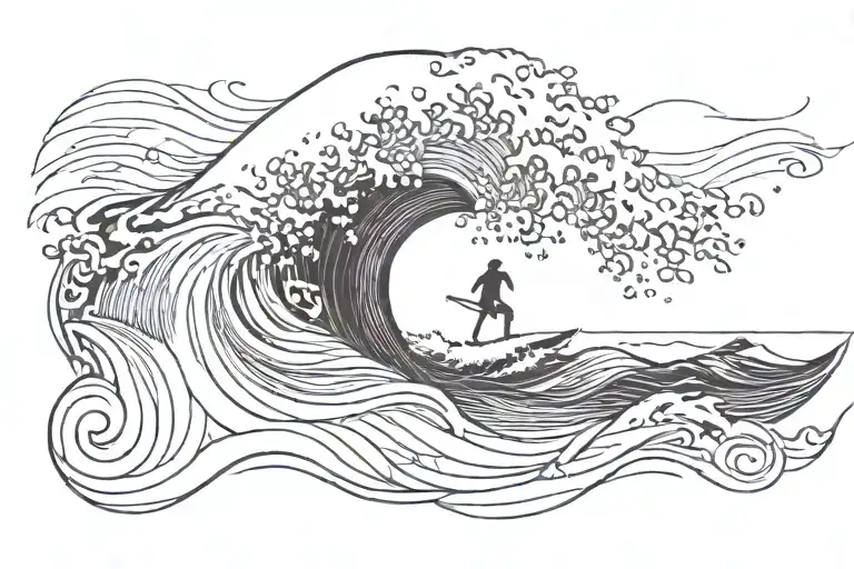minimalistic (fine line) wave and a siluet like surfer surfing the wave, not too many details, just couple of lines tattoo design idea
